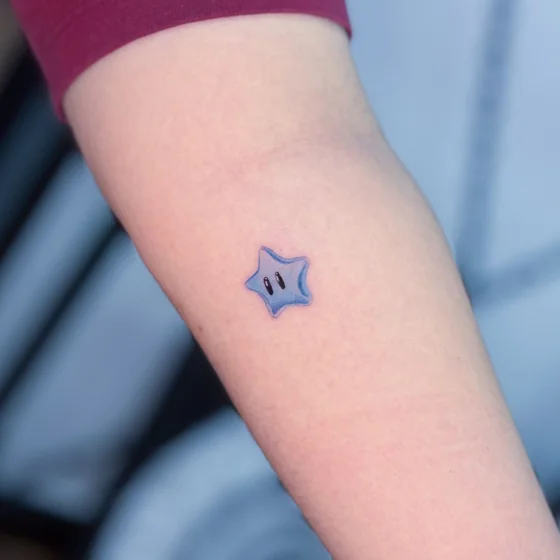 3D Effect Cartoon Mario Star tattoo design for men on forearm