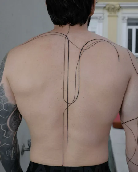 Abstract Fine Line tattoo idea for men with geometric pattern on back and arm