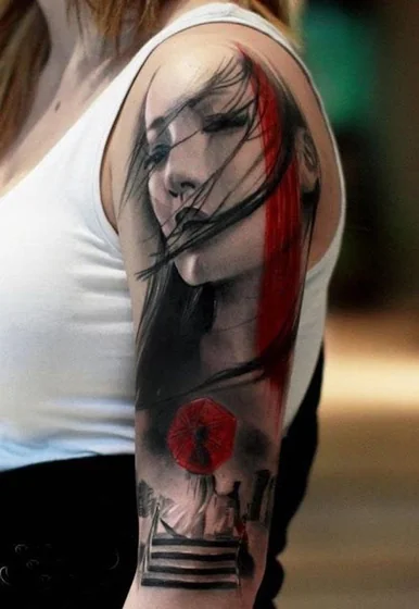 Abstract Realism female face, umbrella tattoo design for women