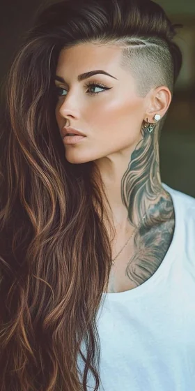 Abstract black and grey tattoo idea for women on neck and shoulder