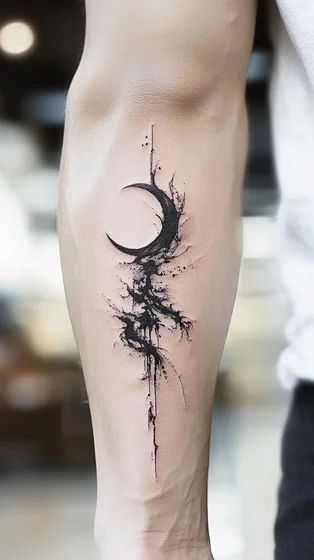 Abstract blackwork moon and ink splatter tattoo idea for men on forearm