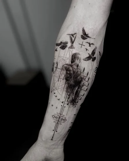 Abstract geometric and realistic human figure with birds tattoo idea for men on forearm