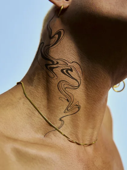 Abstract swirls fine line tattoo design for women on neck