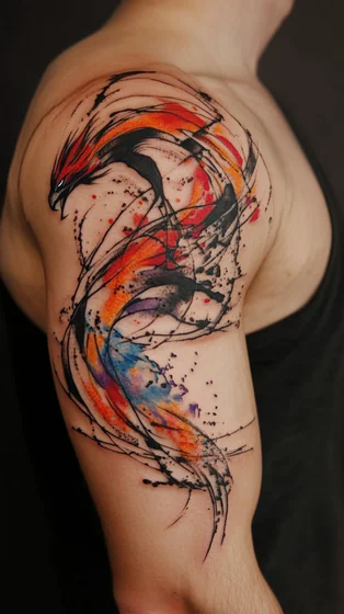Abstract watercolor Phoenix tattoo for men on upper arm and shoulder