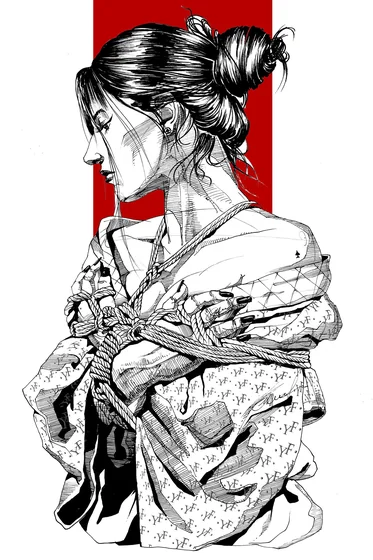 Anime Blackwork tattoo design for women: bound figure with rope, monogram on shoulder, upper arm.