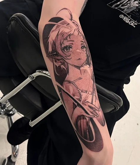 Anime Elf Girl Black And Grey tattoo design for women on forearm