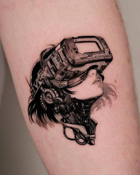Anime Fine Line VR Headset Cyberpunk Woman tattoo idea for women.
