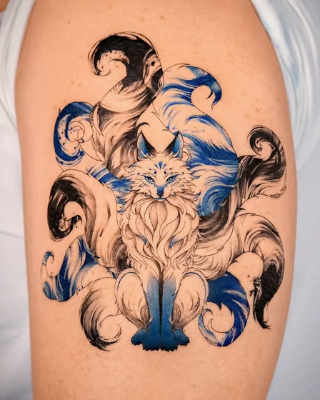 Anime Kitsune fine line tattoo design for women on upper arm