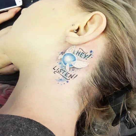 Anime New School Zelda Navi tattoo design for women on neck
