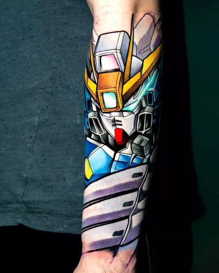 Anime and New School Gundam tattoo design for men on forearm
