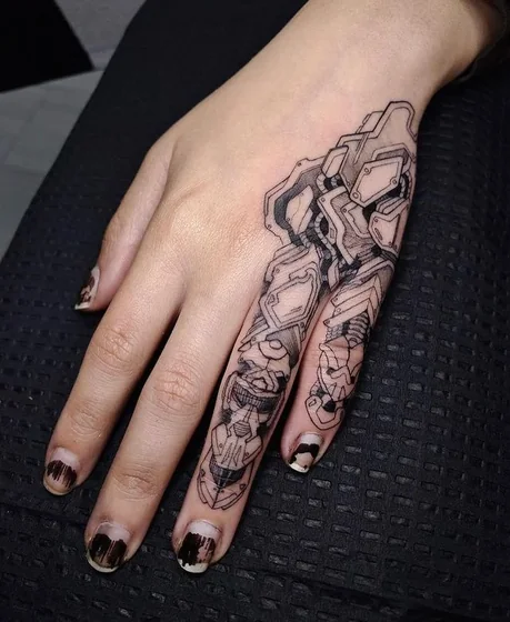 Biomechanical Realism Mechanical Armor tattoo design for women on hand and finger