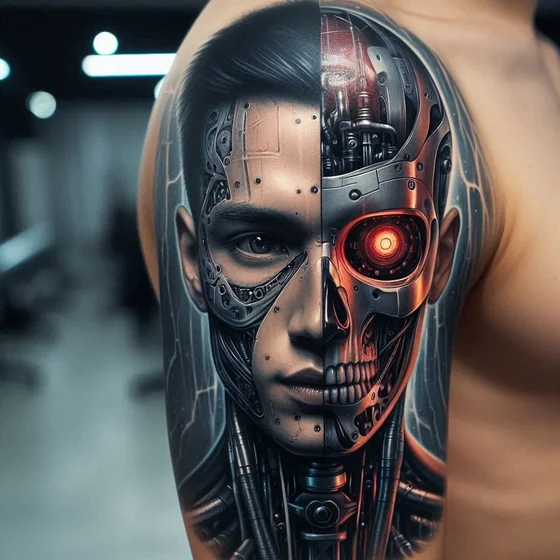 Biomechanical cyborg skull tattoo design for men on upper arm