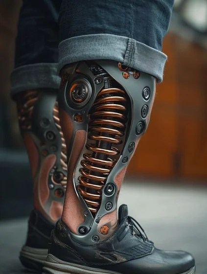 Biomechanical realism tattoo design with mechanical parts for men on calf