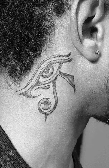 Black And Grey Eye Of Horus tattoo idea for men on neck.