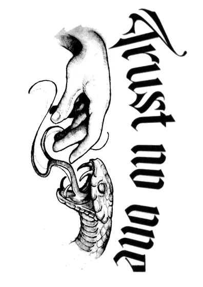 Black And Grey Gothic snake and hand with quote tattoo design