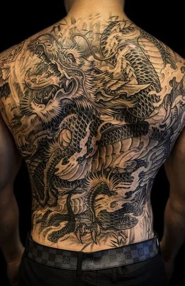 Black And Grey Japanese dragon tattoo design for men on back