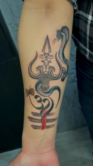Black And Grey Linework Snake, Trishul, Om Symbol tattoo design for men on forearm