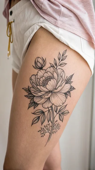 Black And Grey Linework floral tattoo design for women on thigh