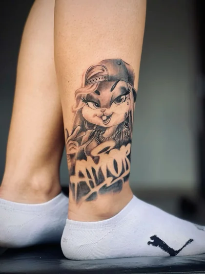 Black And Grey New School Disney Cartoon Rabbit tattoo design for women on calf.