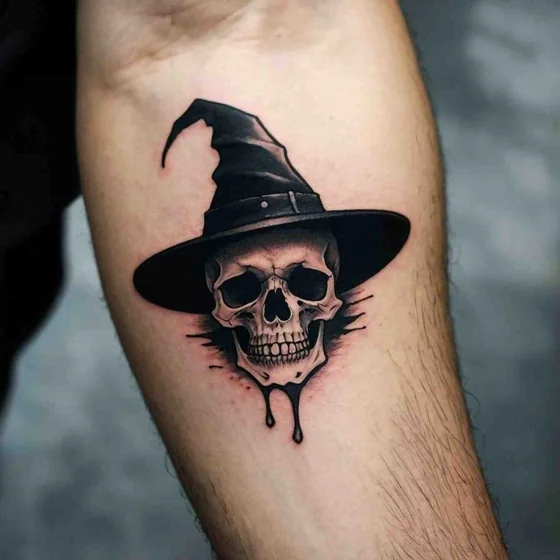 Black And Grey Realism Halloween Witch Skull tattoo for men on Upper Arm