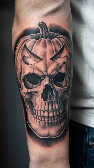 Black And Grey Realism Skull Jack-o-lantern tattoo for men on upper arm
