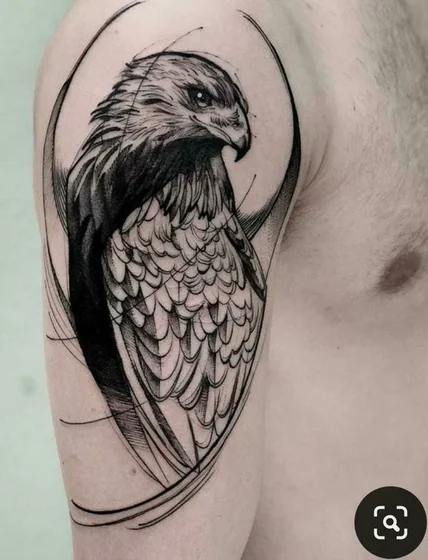 Black And Grey Sketch Eagle tattoo for men on upper arm