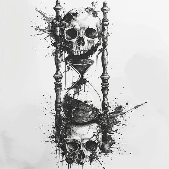 Black And Grey Sketch Skull and Hourglass tattoo design for men and women
