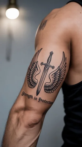 Black And Grey sword, wing, quote tattoo for men on upper arm