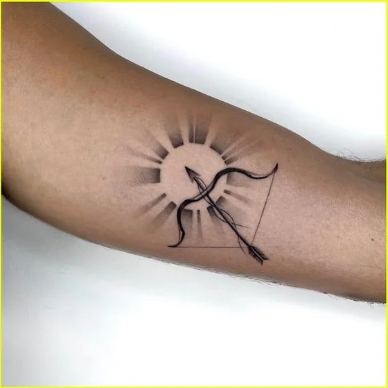 Black & Grey Fine Line Sun Sagittarius tattoo design for men on forearm