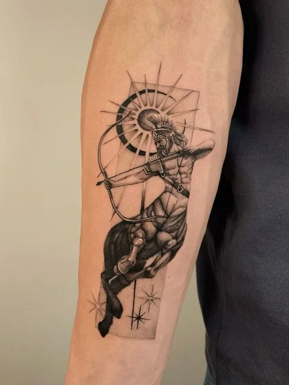 Black and Grey Dotwork Sagittarius Warrior Sun tattoo design for men on forearm