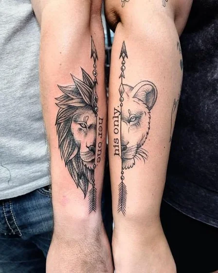 Black and Grey Fine Line Lion and Arrow tattoo idea for men and women