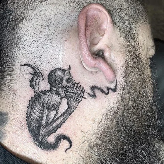 Black and Grey Horror Demon tattoo design for men on Neck