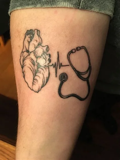 Black and Grey Linework heart, stethoscope tattoo for men