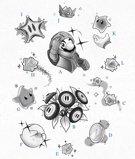 Black and Grey New School Mario, Star, Ghost tattoo design for men and women