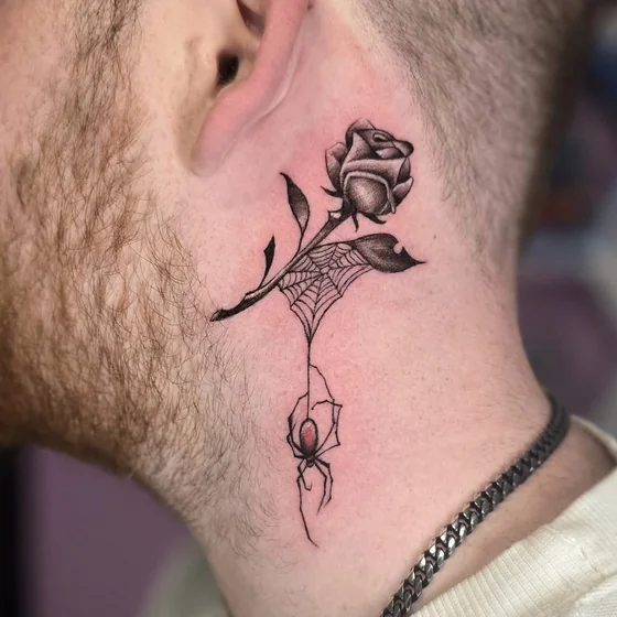 Black and Grey Realism rose and spider tattoo design for men on neck