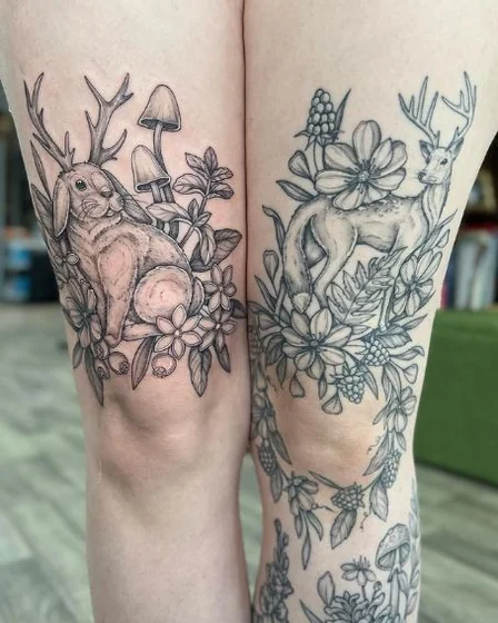 Black and grey fine line Jackalope, deer, floral tattoo for women