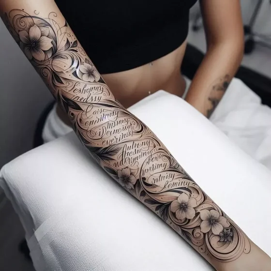 Black and grey fine line floral tattoo design for women on forearm