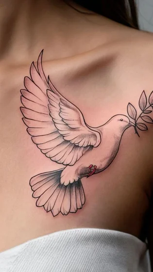Black and grey linework dove tattoo design for women on chest