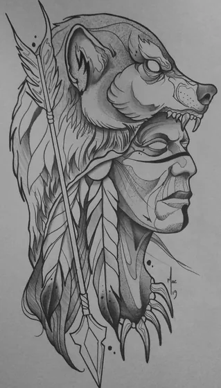 Black and grey linework wolf and Native American warrior tattoo design for men