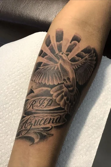 Black and grey realism dove and quote tattoo design on forearm
