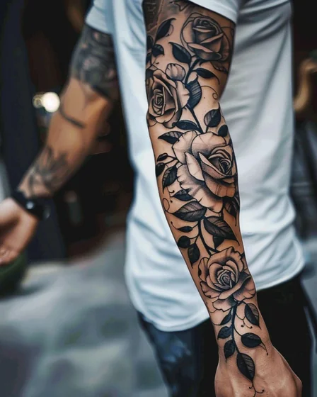 Black and grey realism rose floral half sleeve tattoo design for men