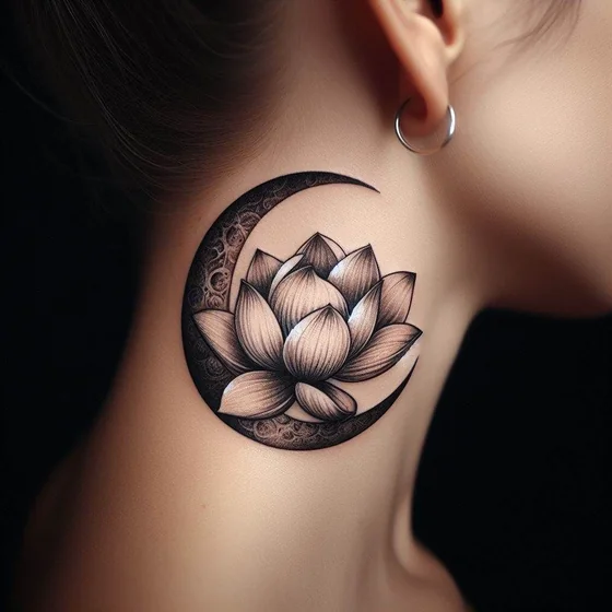 Black & grey fine line lotus moon tattoo for women on neck