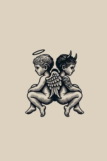 Blackwork Angel and Devil cherubs Woodcut tattoo design for men and women