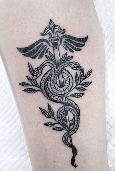 Blackwork Dotwork Caduceus (Snake, Wing) tattoo design on Calf