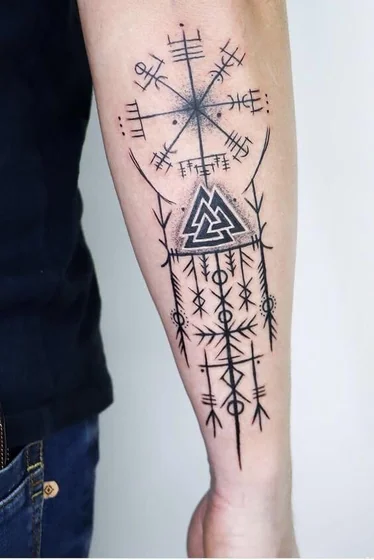 Blackwork Dotwork Viking compass Valknut tattoo for men on forearm