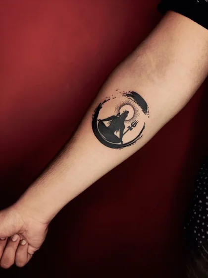 Blackwork God, Moon, Sun, Trident tattoo idea for men on forearm