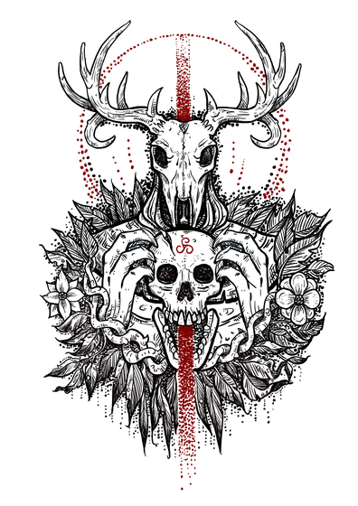 Blackwork Gothic skull design with triskelion for men and women