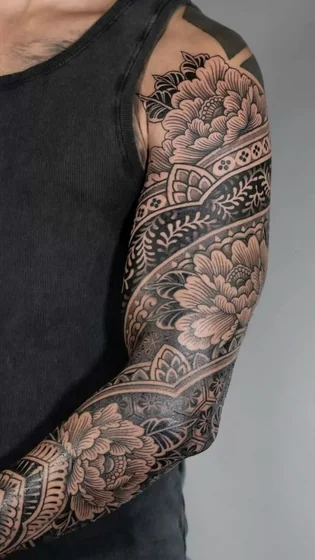 Blackwork Japanese floral full sleeve tattoo idea for men