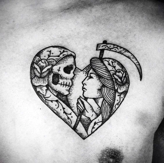 Blackwork Neo-Traditional heart skull grim reaper tattoo design for men on chest