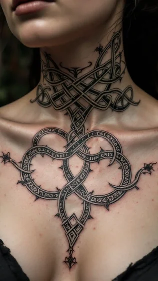 Blackwork Nordic Knotwork Viking tattoo for women on neck and sternum